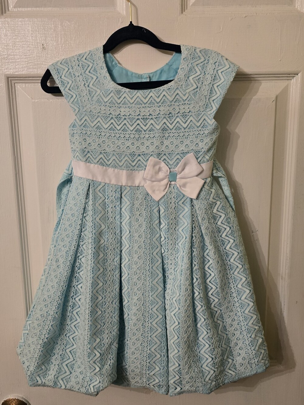 Jona Michelle Light Blue Lace Fit-and-Flare Dress with White Bow